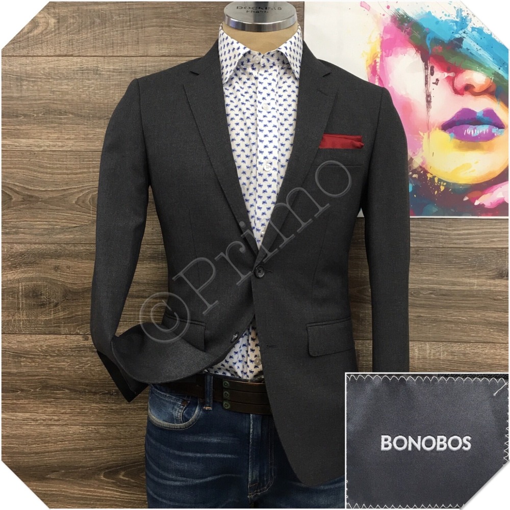 BONOBOS Mens Blazer Sport Coat Casual Jacket Size 36R Slim Fit Gray Wool Suit